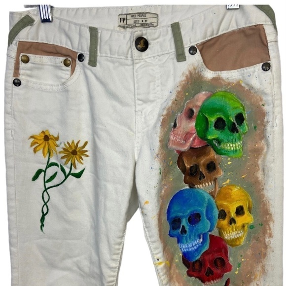 Free People SKULL DAISY BOHO Hippie Pant Hand Painted  One Of A Kind - Picture 4 of 10